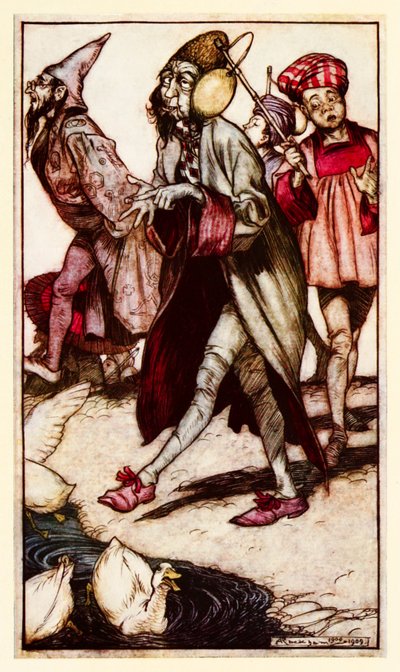 Un caballero laputiano dando un paseo, de la Parte III: Un viaje a Laputa, etc. en Los viajes de Gulliver de Jonathan Swift de Arthur Rackham