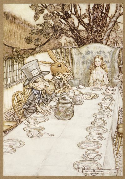 Una fiesta de té loca, de Las aventuras de Alicia en el país de las maravillas, de Lewis Carroll, pub. 1907 de Arthur Rackham