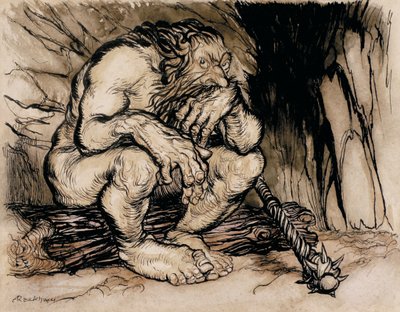Un gigante muy terrible, ilustración de Cuentos de Hadas Ingleses, publicado en 1918 de Arthur Rackham