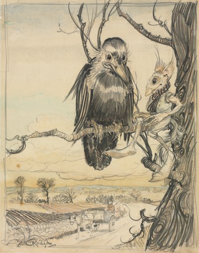 Una ardilla y un cuervo de Arthur Rackham