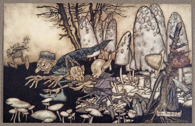 Un grupo de trabajadores que estaban cortando un hongo se fue corriendo dejando sus herramientas, de Peter Pan en los Jardines de Kensington de J M Barrie, pub. 1906 de Arthur Rackham