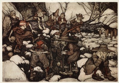 Una compañía de personas de aspecto extraño jugando a los bolos., de Rip Van Winkle por Washington Irving, pub. 1910 de Arthur Rackham