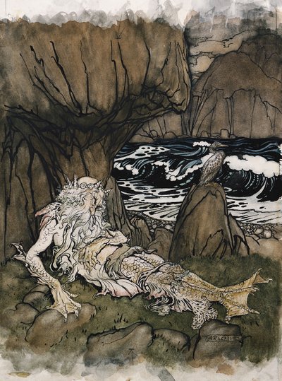 Un "tritón" coronado, un dios del mar durmiendo en una costa rocosa de Arthur Rackham