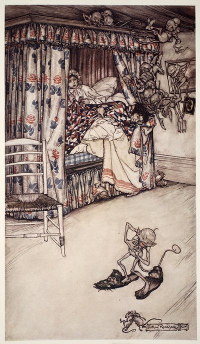 Una conferencia de cortina vale más que todos los sermones del mundo para enseñar las virtudes de la paciencia y la longanimidad. de Rip Van Winkle por Washington Irving, pub. 1910 de Arthur Rackham