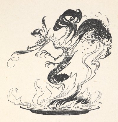 Un dragón saliendo de un plato de dinero ardiendo de Arthur Rackham