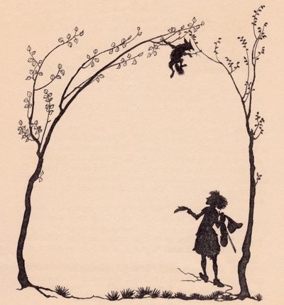 Un zorro atado por las patas a dos avellanos. Ilustración de Arthur Rackham del cuento de hadas de Grimm, El músico maravilloso. de Arthur Rackham