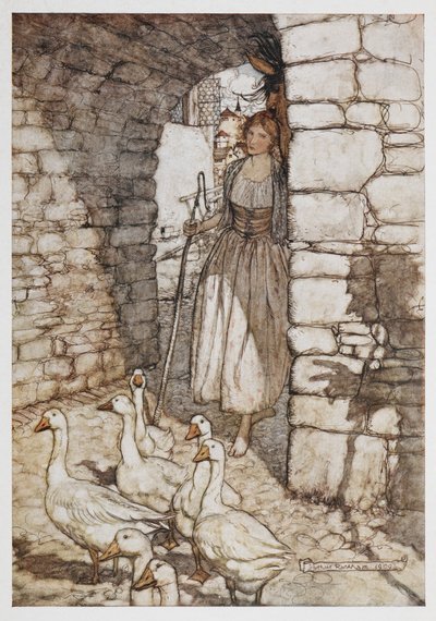 Una chica con gansos. de Arthur Rackham