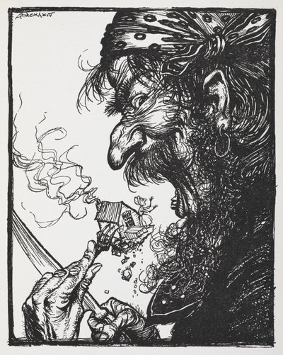 Un hombre grande comiéndose a una señora pequeña y su casa. de Arthur Rackham