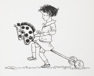 Una niña en un caballito de juguete. de Arthur Rackham