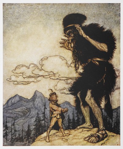 Un hombre y un gigante de El sastre valiente de Arthur Rackham