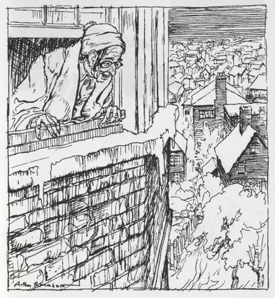 Un hombre mirando por la ventana de Arthur Rackham