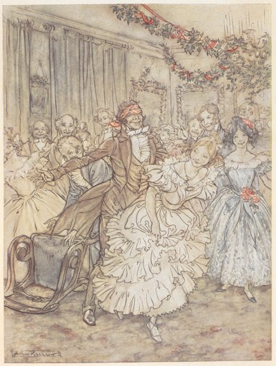 Una fiesta jugando al farol del ciego. Un hombre con una venda persigue a una mujer con un vestido de volantes de Arthur Rackham