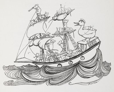 Un barco tripulado por ratones y capitaneado por un pato. de Arthur Rackham