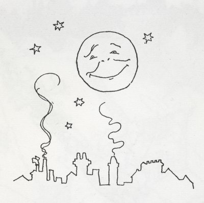 Una luna sonriente sobre los tejados de Arthur Rackham