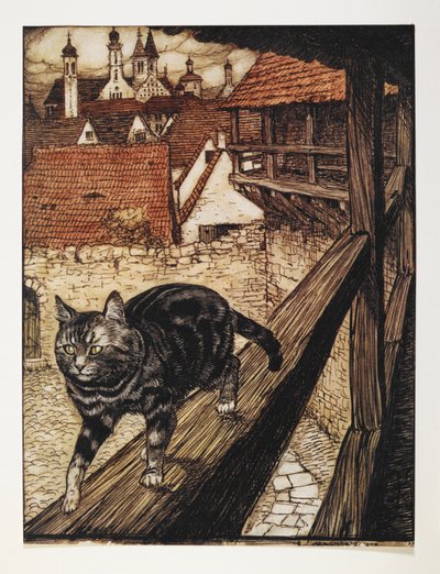 Un gato atigrado caminando por la barandilla de madera de un edificio. de Arthur Rackham