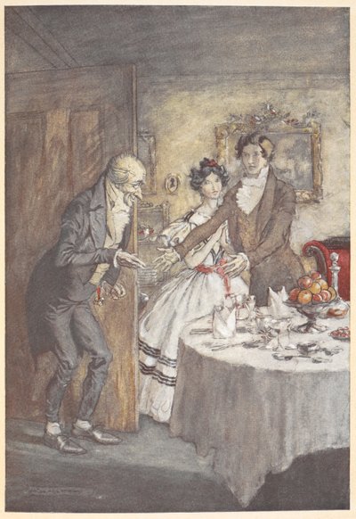 Un joven y una mujer reciben a Scrooge para comer en su comedor de Arthur Rackham