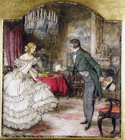 Un joven presentando un ramo a una chica en una sala de dibujo de Arthur Rackham
