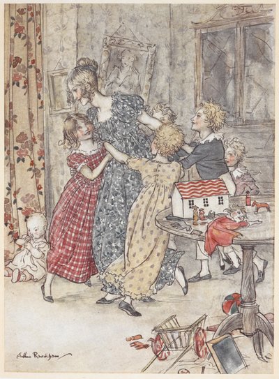 Una joven y sus hijos bailan alrededor de una sala de juegos llena de juguetes de Arthur Rackham