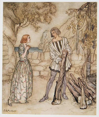 Ay, ahora, por favor, no trabajes tan duro, ilustración de La Tempestad de William Shakespeare, pub. 1926 de Arthur Rackham