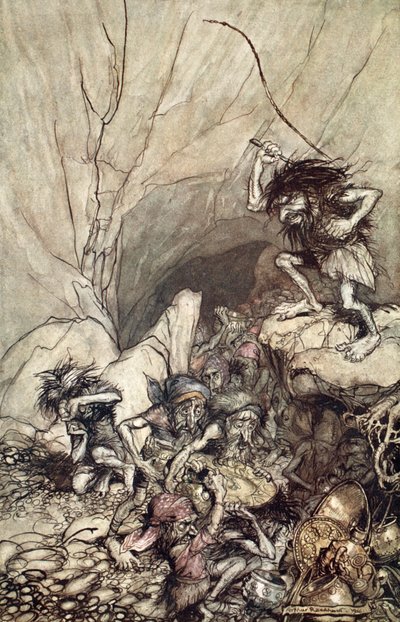 Alberich conduce una banda de nibelungos con tesoros de oro y plata, 1910 de Arthur Rackham