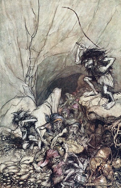 Alberich conduce una banda de Nibelungos cargados con tesoros de oro y plata. Ilustración para El Rhi de Arthur Rackham