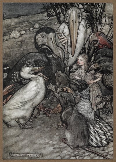 Alice y los animales después de la Carrera de Caucus, incluyendo un dodo, un pato, una rata, un cuervo y un loro. de Arthur Rackham