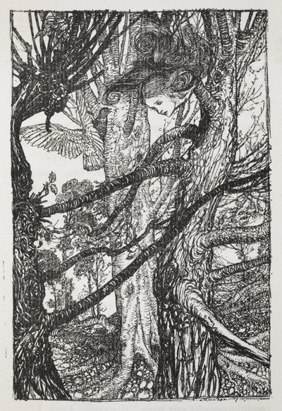 Alice como una serpiente hablando con una paloma de Arthur Rackham