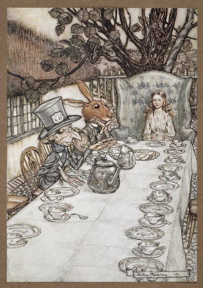 Alicia en la fiesta del té del Sombrerero Loco con la Liebre de Marzo, el Lirón y el Sombrerero Loco de Arthur Rackham