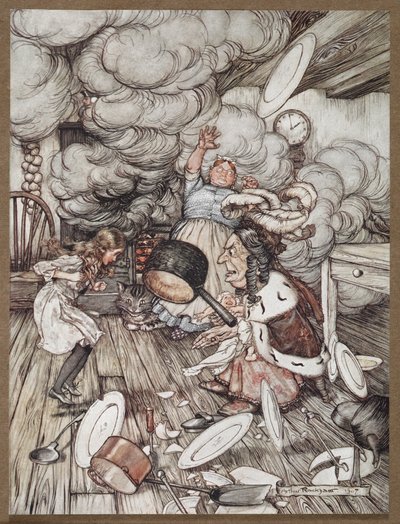 Alicia en la cocina con la Duquesa, un cocinero y el Gato de Cheshire de Arthur Rackham
