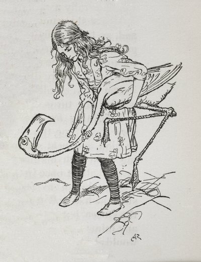 Alicia jugando al croquet con un flamenco de Arthur Rackham