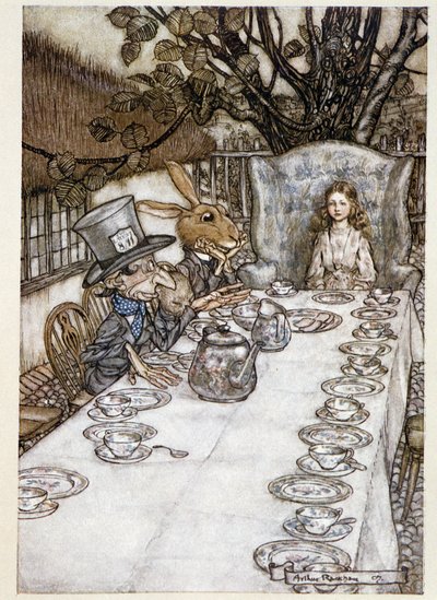 Alicia toma el té en la fiesta de los locos (El Sombrerero y la Liebre de Marzo) - en “Las aventuras de Alicia en el país de las maravillas”, Lewis Carroll, ilustrado por Arthur Rackham (1867-1939) de Arthur Rackham