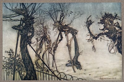 Un saúco cruzó el camino cojeando, y se quedó charlando con unos niños .. , de Peter Pan en los Jardines de Kensington por J M Barrie (1860 - 1937), pub. 1906 de Arthur Rackham
