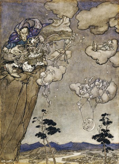 Una ilustración de Rip van Winkle: "Eran gobernados por un viejo espíritu de squaw" de Arthur Rackham