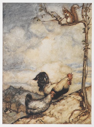 Ilustración de una gallina, un gallo y una ardilla de Las aventuras de Chanticleer y Partlet. de Arthur Rackham