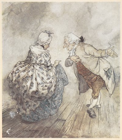Una pareja de ancianos vestidos de etiqueta a punto de bailar de Arthur Rackham