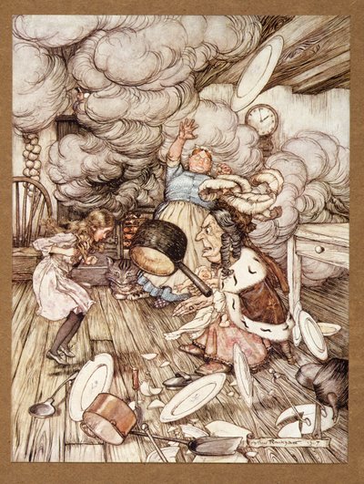 Una cacerola inusualmente grande voló cerca de él y casi se lo lleva, de Las aventuras de Alicia en el país de las maravillas, por Lewis Carroll, pub. 1907 de Arthur Rackham