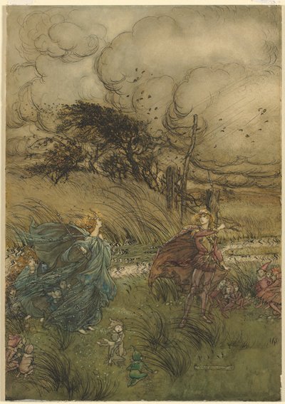 "Y ahora nunca se encuentran en arboleda o verde," del acto 2, escena 1 de Sueño de una noche de verano de William Shakespeare de Arthur Rackham