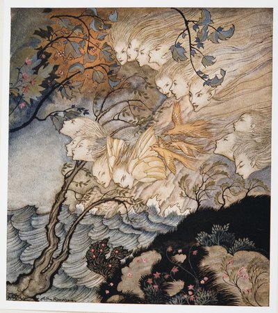 ?. Y a veces voces, ilustración de La Tempestad de William Shakespeare, pub. 1926 de Arthur Rackham