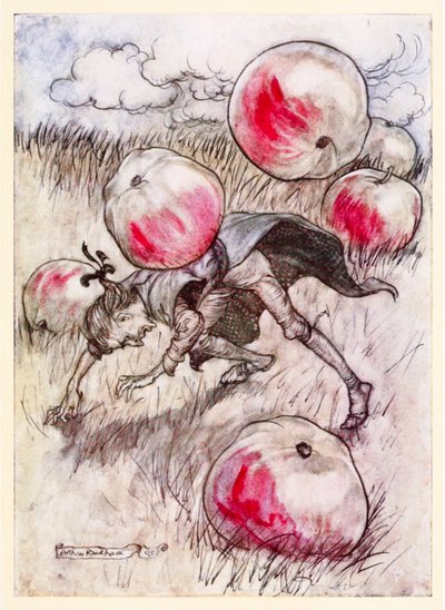 Manzanas caían sobre mis oídos, de la Parte II: Un viaje a Brobdingnag en Los viajes de Gulliver de Jonathan Swift de Arthur Rackham