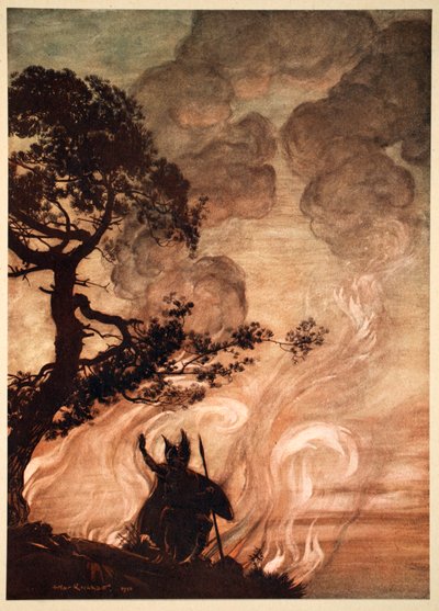 Mientras se aleja lentamente, Wotan se vuelve y mira con tristeza a Brunnhilde, 1910 de Arthur Rackham