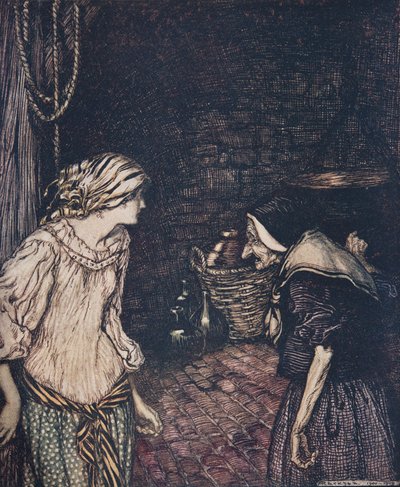 Finalmente llegó al sótano, y allí encontró a una vieja, vieja mujer con una cabeza temblorosa..., de Los cuentos de hadas de los hermanos Grimm, pub. 1909 de Arthur Rackham