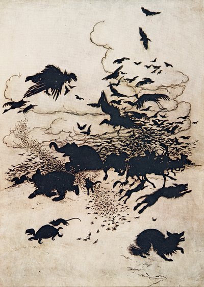 Al tercer aguijón, el zorro gritó y su cola bajó entre sus piernas, de Los cuentos de hadas de los hermanos Grimm, pub. 1909 de Arthur Rackham
