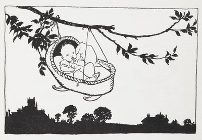 Bebé en cuna colgado de una rama. de Arthur Rackham