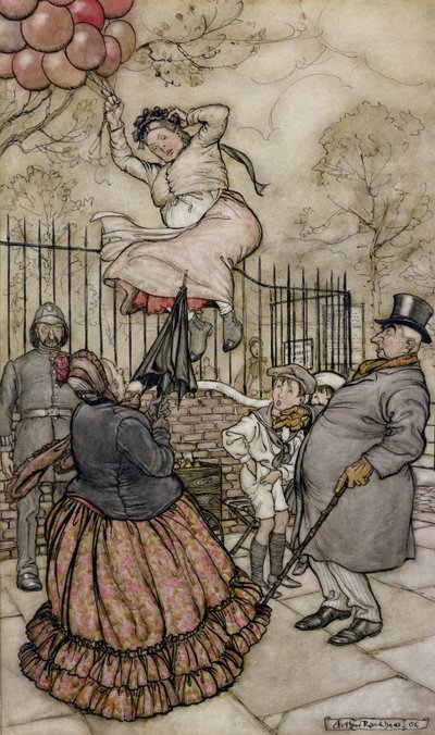 Globos, ilustración de Peter Pan en los Jardines de Kensington, por J.M. Barrie, publicado en 1906 de Arthur Rackham