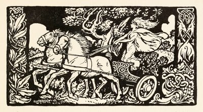 Becfola en su carro de El cortejo de Becfola en Cuentos de hadas irlandeses de Arthur Rackham