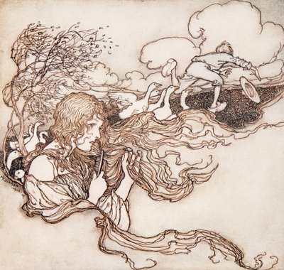 Sopla, sopla, pequeña brisa, y agarra el sombrero de Conrad, de Los cuentos de hadas de los hermanos Grimm, pub. 1909 de Arthur Rackham