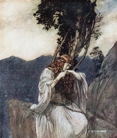 Brünnhilde besa el anillo que Siegfried ha dejado con ella. Ilustración para Siegfried y El Crepúsculo de Arthur Rackham