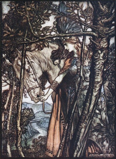 Brünnhilde lleva a su caballo por la brida. Ilustración para El oro del Rin y La valquiria de Richa de Arthur Rackham