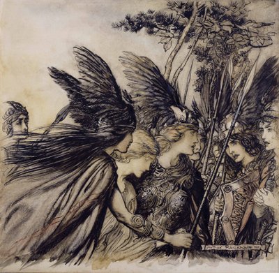 Brunilda Implora a las Valquirias, Ilustración de El Oro del Rin y la Valquiria, por Richard Wagner, edición publicada en 1910 de Arthur Rackham