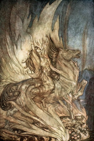Brunilda en Grane salta a la pira funeraria de Sigfrido, 1924 de Arthur Rackham